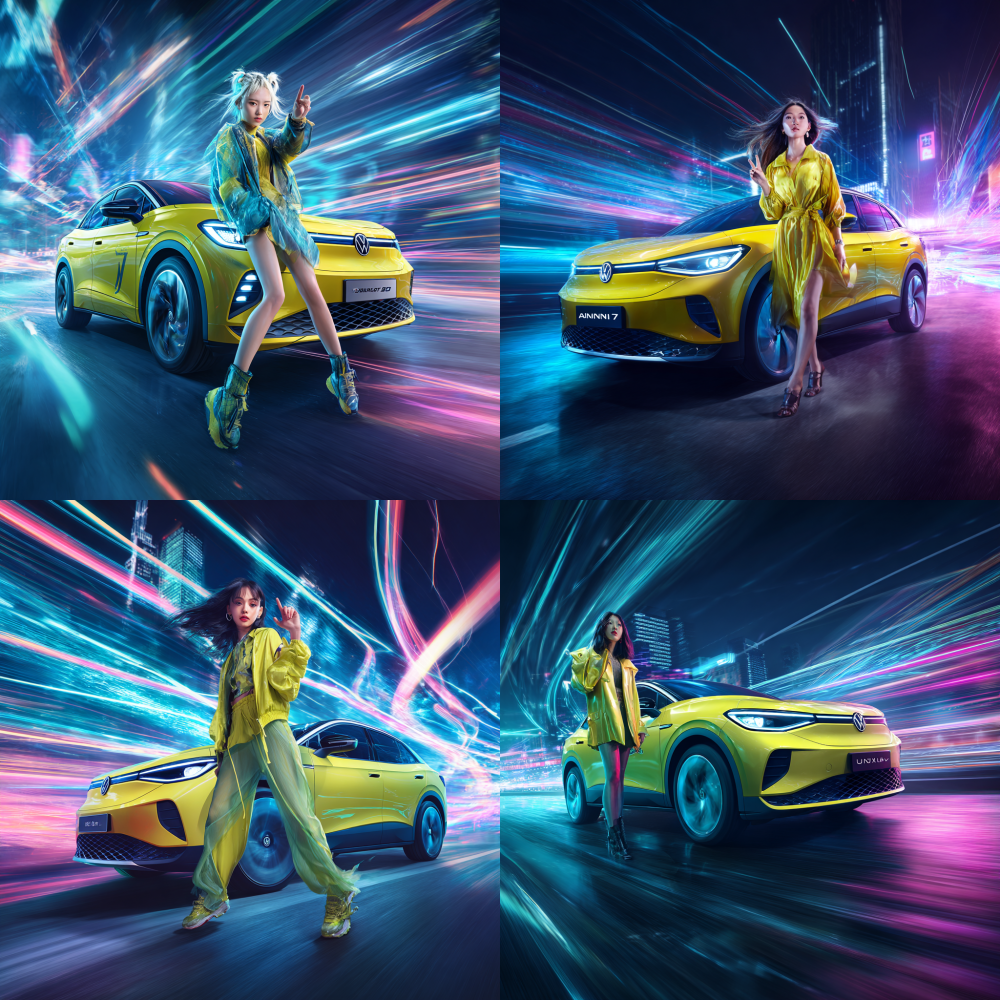 A dynamic promotional key visual for the all-electric ID.UNYX 07 from Volkswagen Anhui. Asian pop idol Song Yuqi stands poised next of the sleek, cyber-yellow ID.UNYX 07 coupe SUV. The car is perfectly still, highlighting its sharp, flowing design lines and futuristic IQ.Light LED headlights. Song Yuqi strikes a dynamic pose, hair flowing, as she confidently makes a "number seven" hand gesture towards the camera. The background is a blur of vibrant light trails and motion streaks, creating a sense of high speed and futuristic energy.Composition: wide-angle, low-angle shot to exaggerate the car's imposing stance and the dynamic motion.Scene: a futuristic city tunnel or cyberpunk highway at night.Style: professional car photography, long exposure effect, cyberpunk aesthetics, sci-fi, hyper-realistic, 8K, sharp details.Color palette: dominated by the cyber yellow of the car, contrasted against dark blues and purples with vibrant light trails.Aspect ratio: 16:9