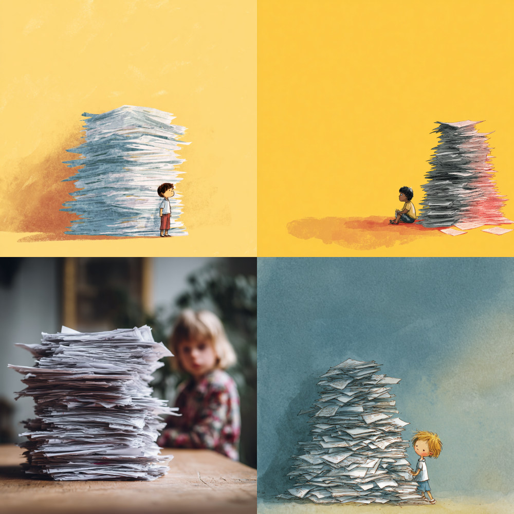A pile of test papers with a child beside them  