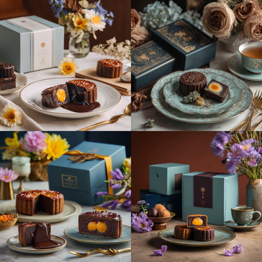 On a clean table, there is a plate of high-end mooncakes, one of which is cut open and flows out with chocolate, while the other has egg yolks inside. Overall, it is very high-end and elegant. Next to it is a Chinese mooncake gift box