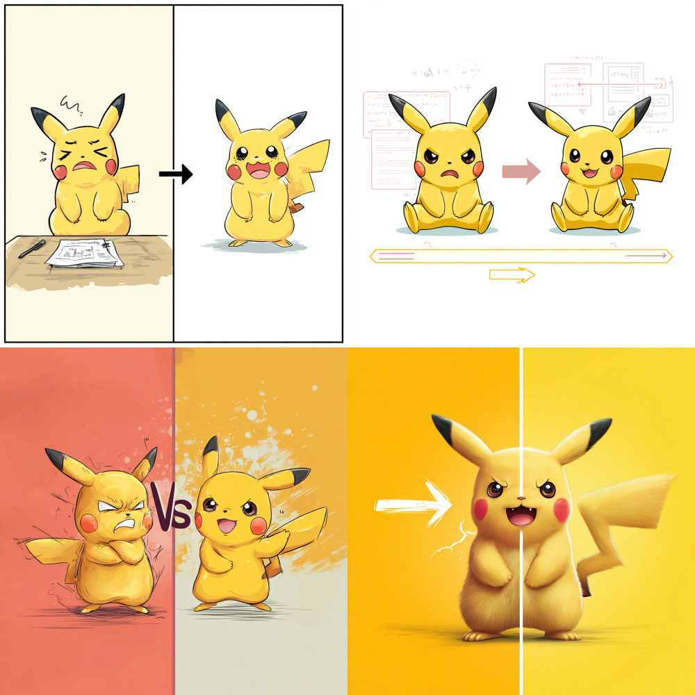 Draw a comparison chart, separated by a right arrow in the middle: on the left is Pikachu feeling very frustrated because he was not selected for the school debate team, and on the right is Pikachu feeling happy because he was selected for the school debate team 