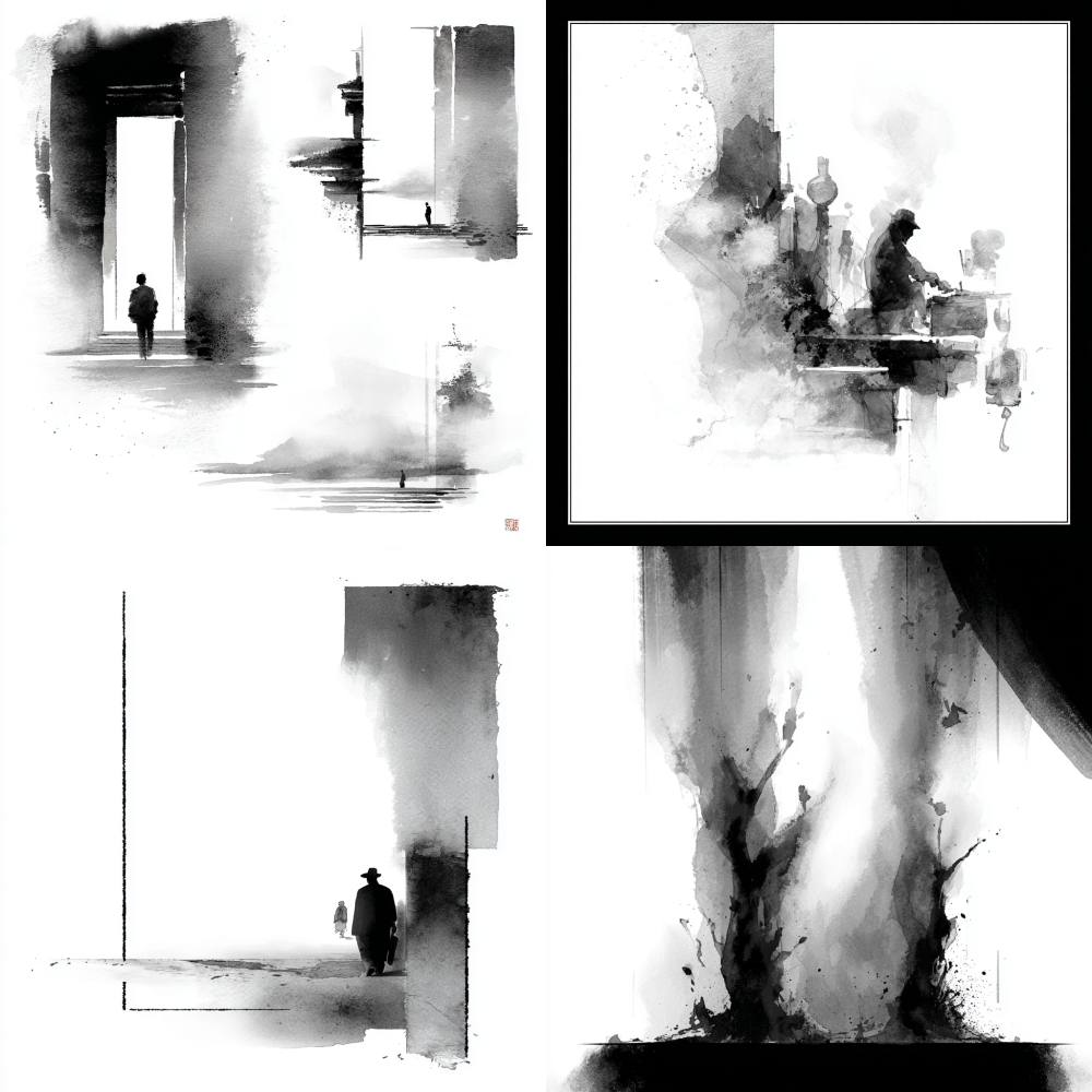 Minimalist ink wash line style, with stage play elements, abstracted and suitable for making poster base images.  -- ar4:6