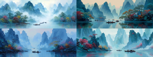 An ethereal scene of towering mountains draped in a gentle mist, painted in cool blues and subtle greens. The calm river reflects the surrounding nature, dotted with traditional wooden boats. Delicate trees and colorful foliage add warmth to the cool color palette, evoking a sense of harmony and serenity.  --ar 113:42