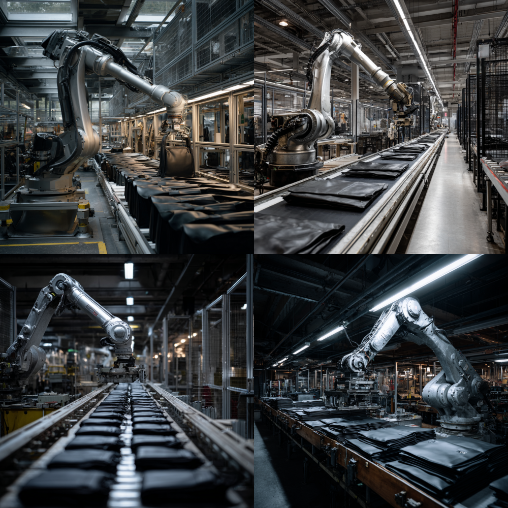 The giant silver robotic arm swings regularly in the gloomy factory, and on the conveyor belt are hundreds or thousands of black semi-finished leather bags