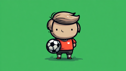 Cartoon football illustration, player version, simple and cute, no copyright team emblem, no real face, football themed graffiti, street style, bright colors, no game screen, no watermark, flat football icon, goal football, green background, minimalist, suitable for data review Q + --ar 16:9 --v 7 --stylize 100