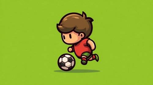 Cartoon football illustration, player version, simple and cute, no copyright team emblem, no real face, football themed graffiti, street style, bright colors, no game screen, no watermark, flat football icon, goal football, green background, minimalist, suitable for data review Q + --ar 16:9 --v 7 --stylize 100