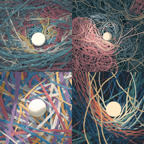 Visual communication illustration focusing on the rhythm of lines. A massive, disordered tangle of low-saturation, mismatched yarn threads dominates the frame, creating a sense of overwhelming confusion and internal anxiety through chaotic line patterns. Colors: muted earth tones and desaturated blues (Morandi palette). In the absolute center, almost suffocated by the threads but emitting a soft, pure light, is a simple geometric charm (a smooth sphere). A single, decided thread is shown pulling slightly away from the center object, representing the 'heartfelt choice'. Modern graphic style, high contrast in form (chaotic vs geometric), soft lighting from the center object.