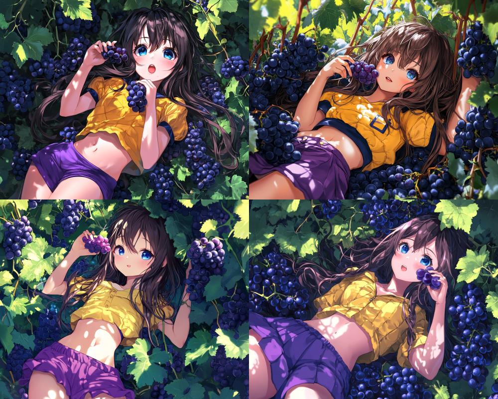 a cute girl with long brown hair and blue eyes laying on her back in the middle of grapes eating one purple grape, she is wearing yellow puffy shirt with navy blue stripes, purple skirt, anime style --ar 86:69