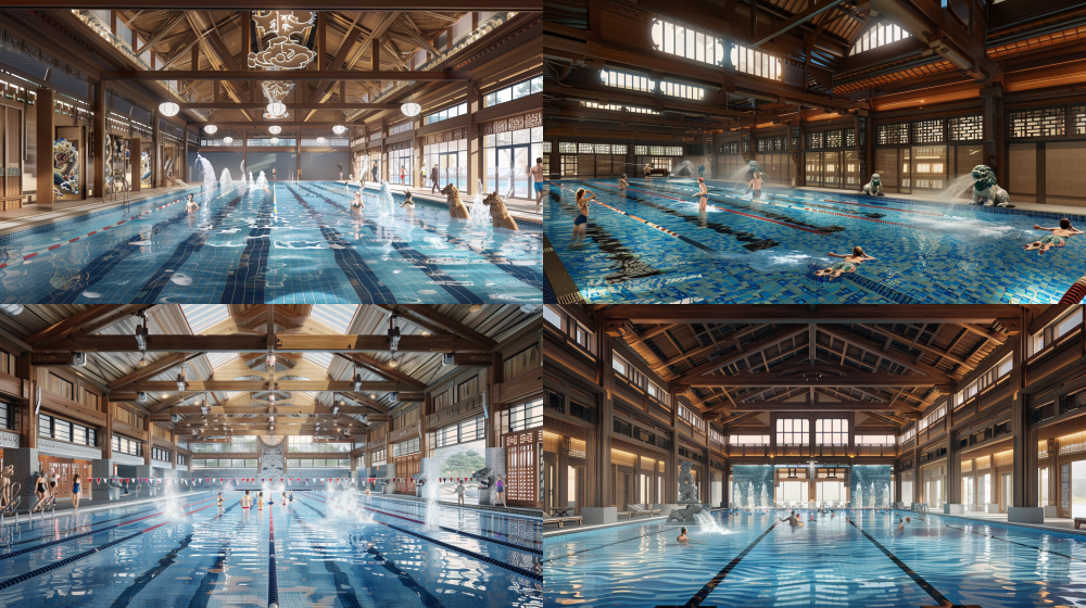 Basement level Chinese-style swimming pool in Decathlon sports complex, blue-tiled pool with wave patterns resembling traditional ink wash paintings. Wooden partition screens carved with dragon motifs surround the pool area, stone lion sculptures spouting water into the pool. Swimmers in Decathlon gear under vaulted ceilings with exposed wooden beams, floating lotus-shaped LED lights illuminating the water. Traditional moon gate entrance leads to modern changing rooms, antique-style lockers integrated with digital access panels. Mist effects over water surface, hyperrealistic, 8k detail --ar 16:9 --v 6.0