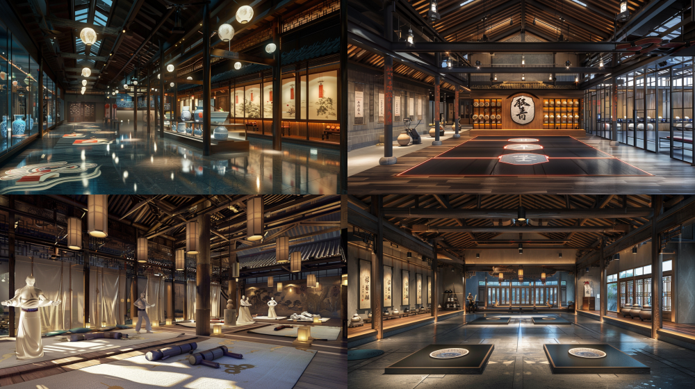 Decathlon fitness center in reconstructed Qing dynasty guild hall: Kung fu training zone with smart taiji flooring projecting movement trajectories, digital silk scrolls displaying workout plans. Adjacent health dining pavilion under curved eaves - terracotta warrior statues holding protein shake dispensers, blue-white porcelain bowls containing energy bowls on rosewood counters. Customers in ink-dyed sportswear using AR chopsticks to scan nutrition info. Glass bridge crossing koi pond connects functional zones, exposed wooden beams with LED running track lighting, digital lanterns showing real-time calorie burn. Hyperrealistic, cinematic lighting, 8k detail --ar 16:9 --v 6.0