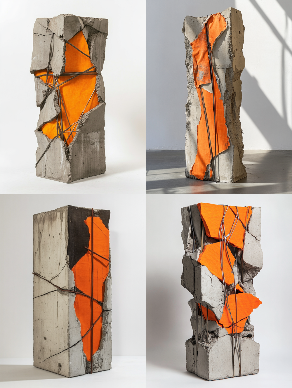 Shattered concrete monolith wrapped with tensioned canvas strips, torn edges revealing Pantone 18-1664 TPX (Hermès orange) textile fibers, steel rebar bent into root fractures casting geometric shadows, brutalist textile collage --style raw --ar 3:4