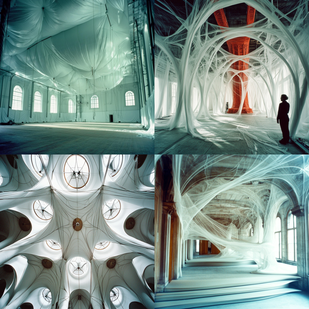 PTFE membrane stretched between rotating steel trunks, pneumatic actuators inflating membrane into hyperbolic paraboloids, tension cables cutting through negative space, living tensile architecture --weird 200