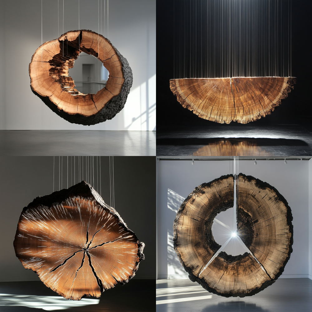 Split oak trunk suspended by steel cables, cross-section polished to mirror finish revealing fractal grain patterns, laser beams slicing through fissures, minimal sci-fi installation --chaos 5
