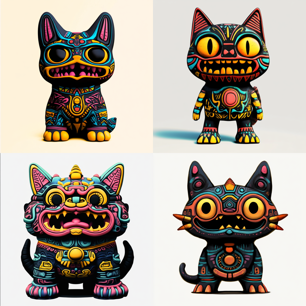 < https://oc.superx.chat/img/1749658547000.jpg > in the art style of quetzecoatl, vinyl designer toy, ffffound, with fluo colored details, !!! cat!!!, angular 16-color, toy, ratfink, unsaturated colors, avatar image, inspired by David Diao, tiki, metal border, quick assembly, black dog, silk screen, joytoy