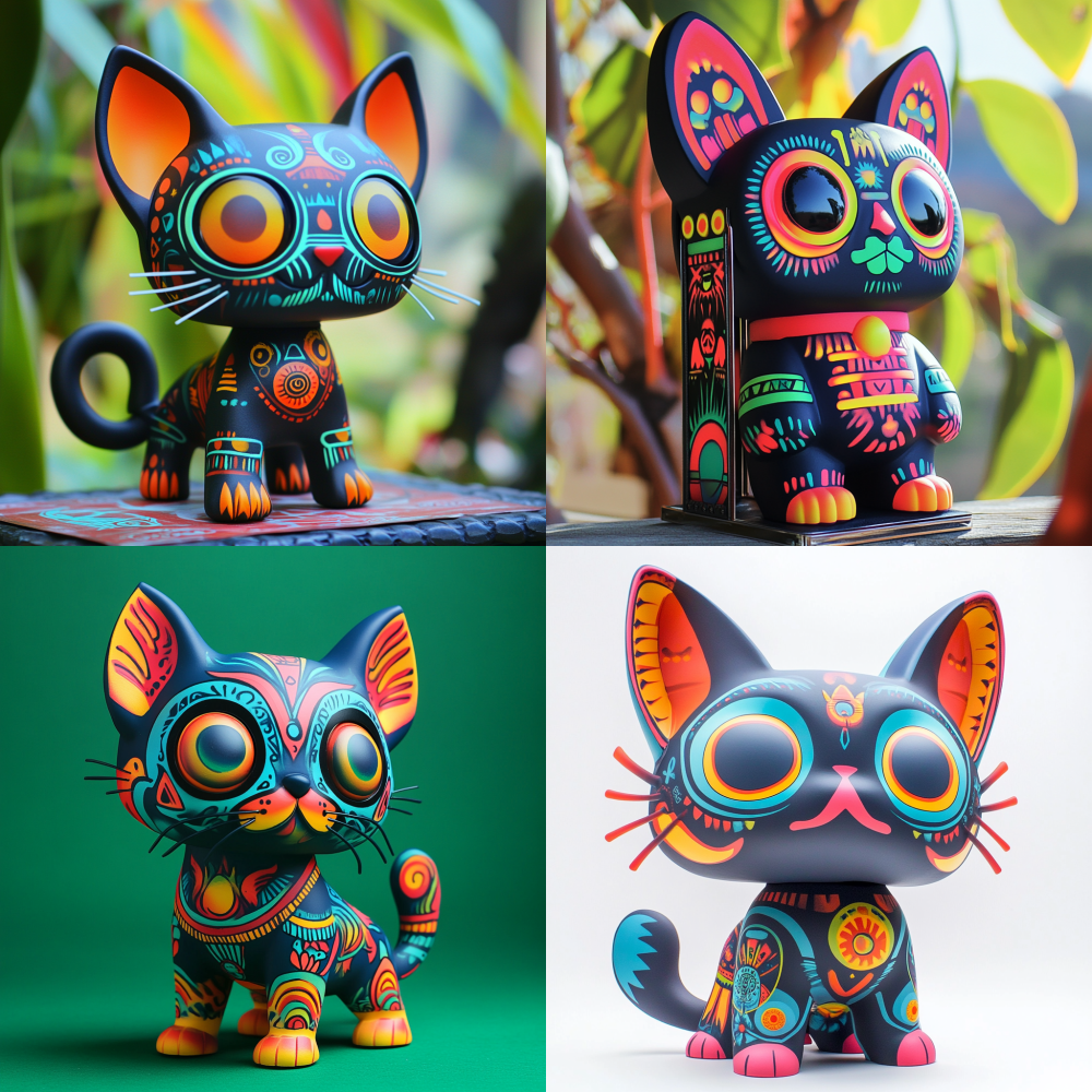 inspired by the artistic essence of Quetzalcoatl, a whimsical vinyl designer toy, infused with vibrant fluorescent details, featuring a playful cat, rendered in an angular 16-color palette, nostalgic toy aesthetics reminiscent of Rat Fink, with a subtle unsaturation of colors, an avatar image that echoes the creativity of David Diao, adorned with tiki motifs, framed by a striking metal border, designed for quick assembly, showcasing a charming black dog, beautifully silk-screened, embodying the spirit of joytoy