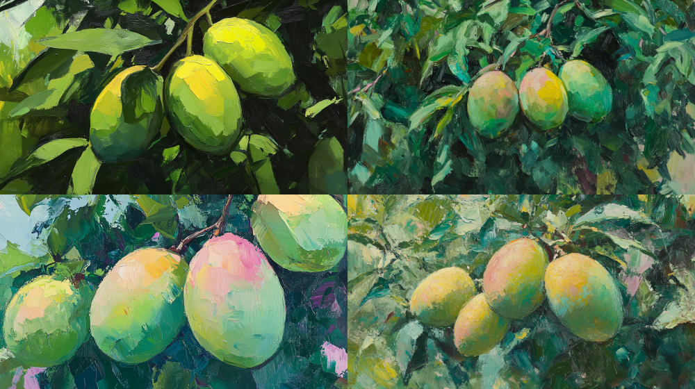 Transform the reference image into an oil painting, using bold and textured brushstrokes to depict luscious mangoes nestled among the dense, vibrant foliage of a mango tree. The mangoes, large and curvaceous, display a stunning color palette of green with hints of deep magenta. Emphasize the beauty of their asymmetrical shapes, capturing the essence of Impressionism with rich, thick paint textures and expressive strokes. --ar 16:9