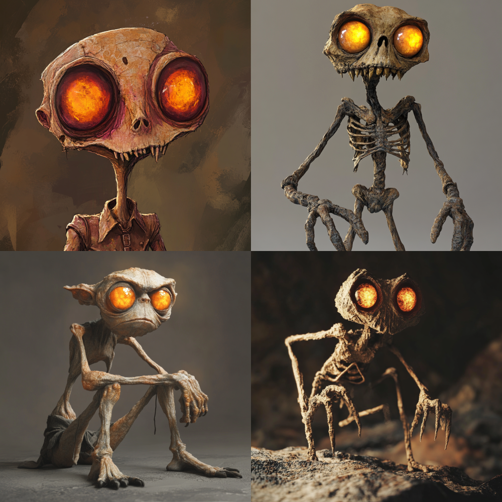 A petite humanoid creature with a height of less than feet, a head as big as a basin, a thin body, slender limbs, curled fingers, and no hair on its entire body. Its skin is rough and peach red, with two orange glowing giant eyes 4