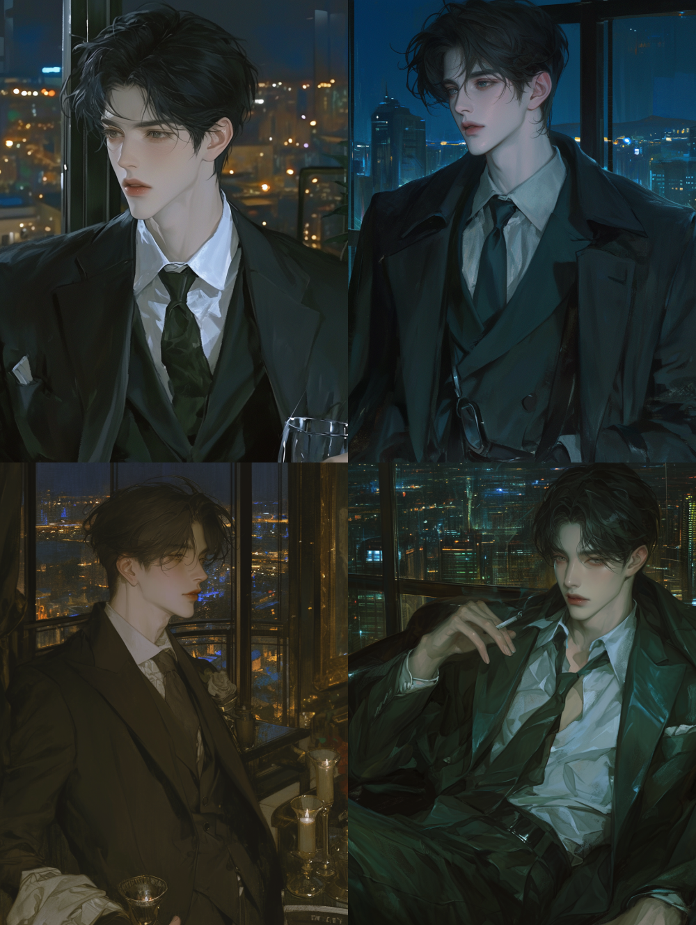Oil painting and thick paint style.A tall male aristocratic character in a tailored black suit with satin lapels and a dark silk tie. His hair is combed back, revealing sharp features and cold, calculating eyes. His expression combines charm and menace, with a faint, unsettling smile. His presence is dominant, exuding control and obsession.The setting is a dimly lit penthouse with floor-to-ceiling windows overlooking a city skyline at night. The room features minimalist, lavish decor, dark marble floors, sleek furniture, and soft ambient lighting. Neon city lights filter through the glass. --ar 3:4 --style raw --stylize 700 --niji 6 --p wdtbc86 4emiazm sow99in ijk6fir
