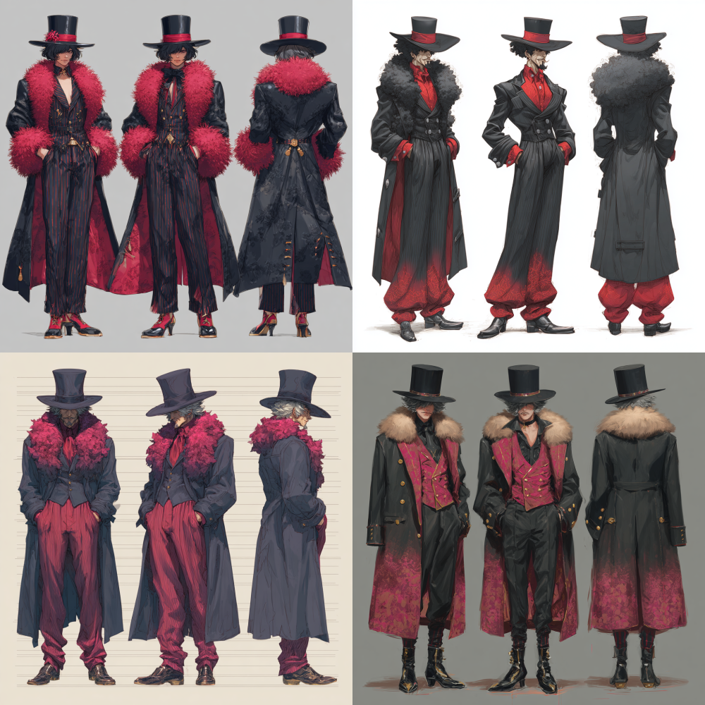 Full body, full body, a middle-aged man wearing a black and red suit, fur camisole, and a huge black suit hat, game character design, three view character design, front view, side view, back view, man side view, man front view, man back view, popular market, short hair, exquisite, beautiful, colorful, board drawing, white background, high-definition photography IPanato finnstark