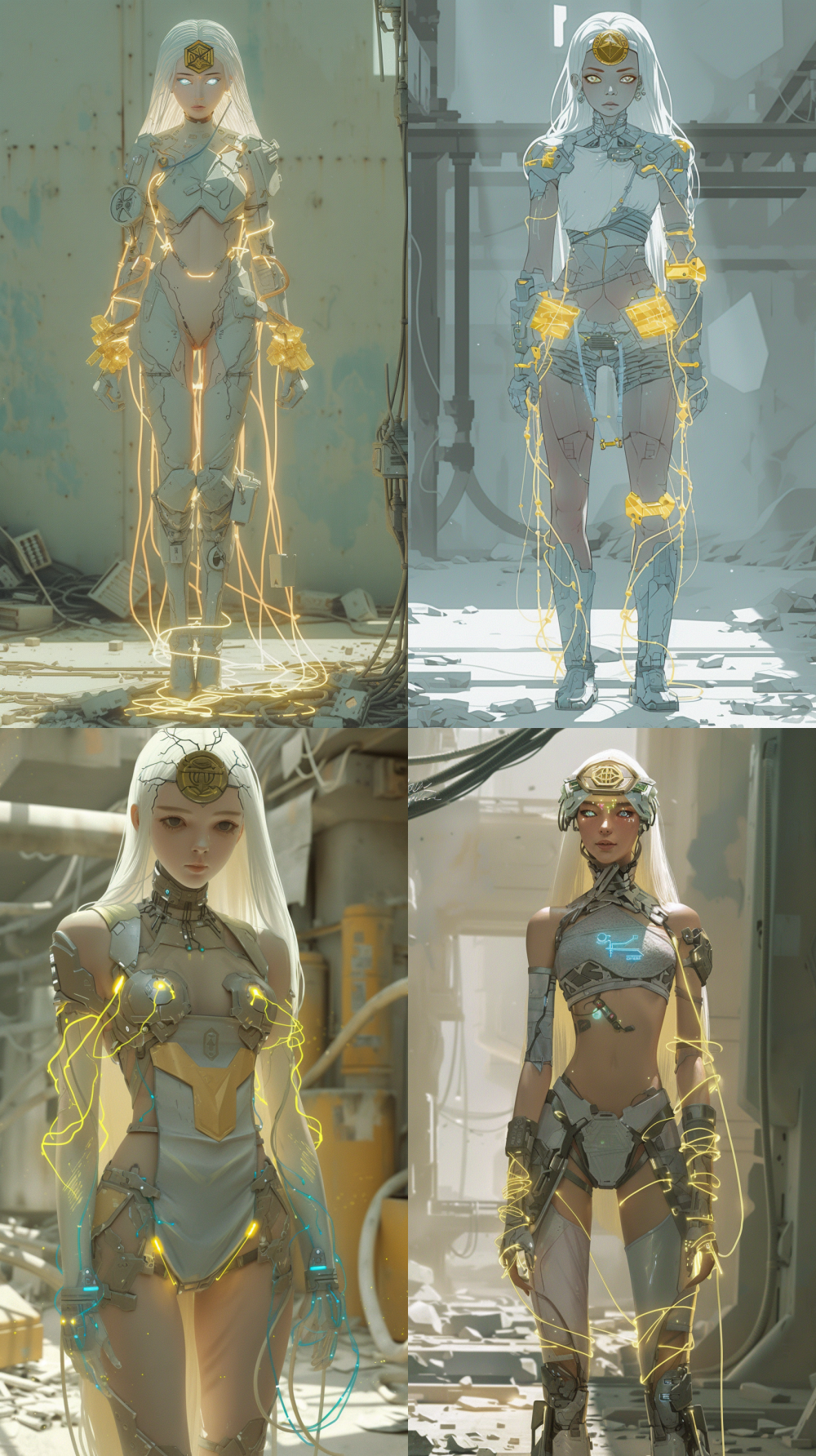 masterpiece, best quality, full-body standing,puppet-like expression,Talisman stuck on the forehead,glassy eyes,limp body,hypnotized gaze,neural tendrils,soulless eyes,fragile vulnerability,head bowed,feminine Arknights operator, slender frame in crystalline techwear, dominant light-vine control system, solar sage+++subjugated trance, eyes with vine-patterned pupils, semi-translucent top+++luminous conduits under fabric, photon-gauntlets+++puppeteered by light-strands, tactical thigh rig+++hijacked by vine-ports, long holographic hair+++strands manipulated like control wires, relaxed pose+++puppeteered stance, tactical data cables+++plugged into vine-controller, golden computation-crystals+++arranged in control matrix, ruined facility+++domineering luminous vines, electro-yellow/blue scheme, Arknights emblem+++covered by vine-interface, shoulder projector+++emitting command signals, crystal belt+++vine operation terminal, volumetric rays+++control frequency waves, Huang x Kurosawa sci-fi, Yanagi Nagi artstyle, --no horror gore violence --v 6.0 --style raw --ar 9:16