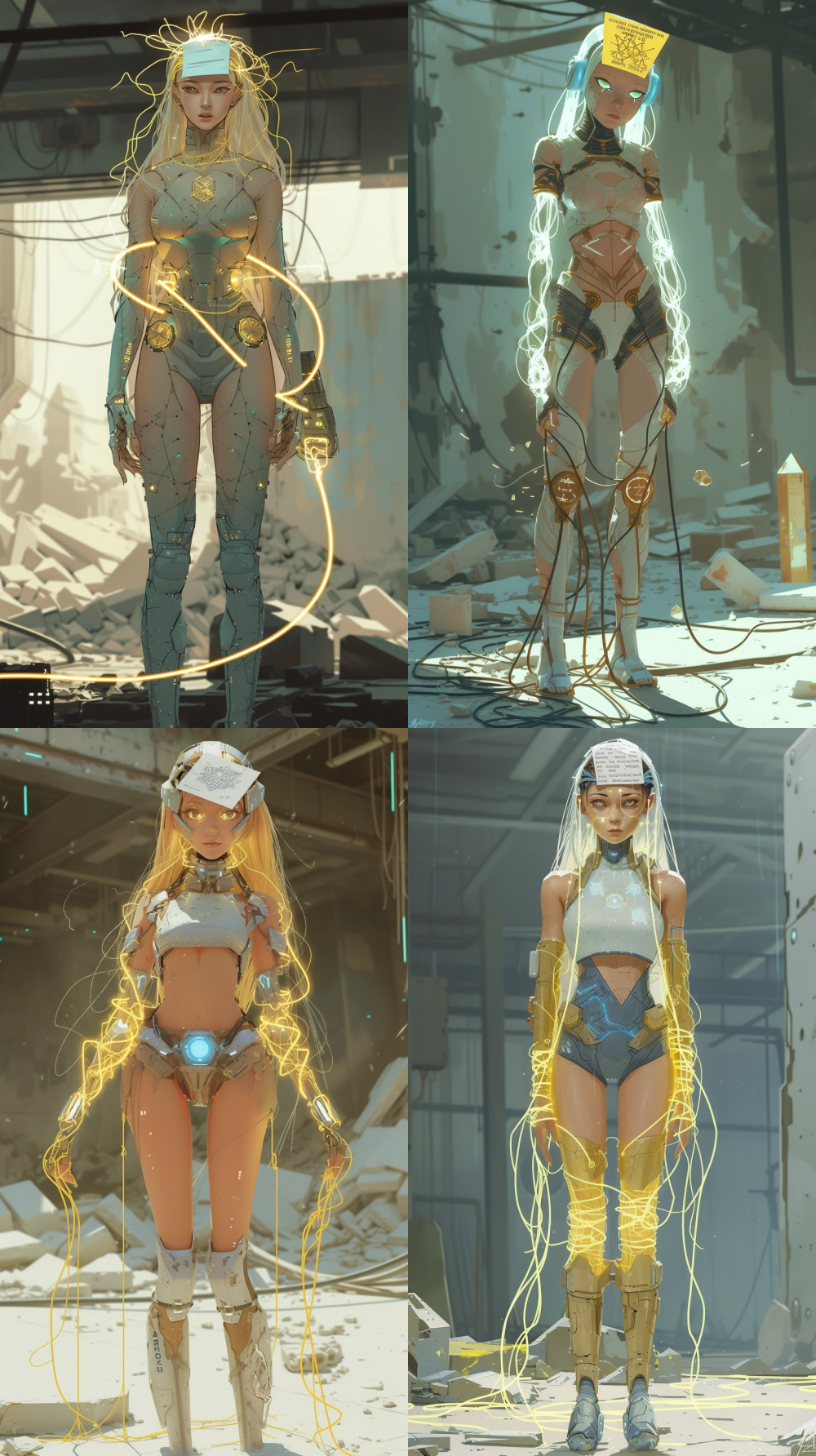 masterpiece, best quality, full-body standing,puppet-like expression,spell paper stuck on the forehead,glassy eyes,limp body,hypnotized gaze,neural tendrils,soulless eyes,fragile vulnerability,head bowed,feminine Arknights operator, slender frame in crystalline techwear, dominant light-vine control system, solar sage+++subjugated trance, eyes with vine-patterned pupils, semi-translucent top+++luminous conduits under fabric, photon-gauntlets+++puppeteered by light-strands, tactical thigh rig+++hijacked by vine-ports, long holographic hair+++strands manipulated like control wires, relaxed pose+++puppeteered stance, tactical data cables+++plugged into vine-controller, golden computation-crystals+++arranged in control matrix, ruined facility+++domineering luminous vines, electro-yellow/blue scheme, Arknights emblem+++covered by vine-interface, shoulder projector+++emitting command signals, crystal belt+++vine operation terminal, volumetric rays+++control frequency waves, Huang x Kurosawa sci-fi, Yanagi Nagi artstyle, --no horror gore violence --v 6.0 --style raw --ar 9:16