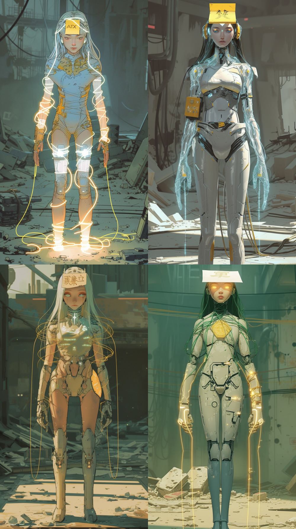 masterpiece, best quality, full-body standing,puppet-like expression,Fu paper stuck on the forehead,glassy eyes,limp body,hypnotized gaze,neural tendrils,soulless eyes,fragile vulnerability,head bowed,feminine Arknights operator, slender frame in crystalline techwear, dominant light-vine control system, solar sage+++subjugated trance, eyes with vine-patterned pupils, semi-translucent top+++luminous conduits under fabric, photon-gauntlets+++puppeteered by light-strands, tactical thigh rig+++hijacked by vine-ports, long holographic hair+++strands manipulated like control wires, relaxed pose+++puppeteered stance, tactical data cables+++plugged into vine-controller, golden computation-crystals+++arranged in control matrix, ruined facility+++domineering luminous vines, electro-yellow/blue scheme, Arknights emblem+++covered by vine-interface, shoulder projector+++emitting command signals, crystal belt+++vine operation terminal, volumetric rays+++control frequency waves, Huang x Kurosawa sci-fi, Yanagi Nagi artstyle, --no horror gore violence --v 6.0 --style raw --ar 9:16