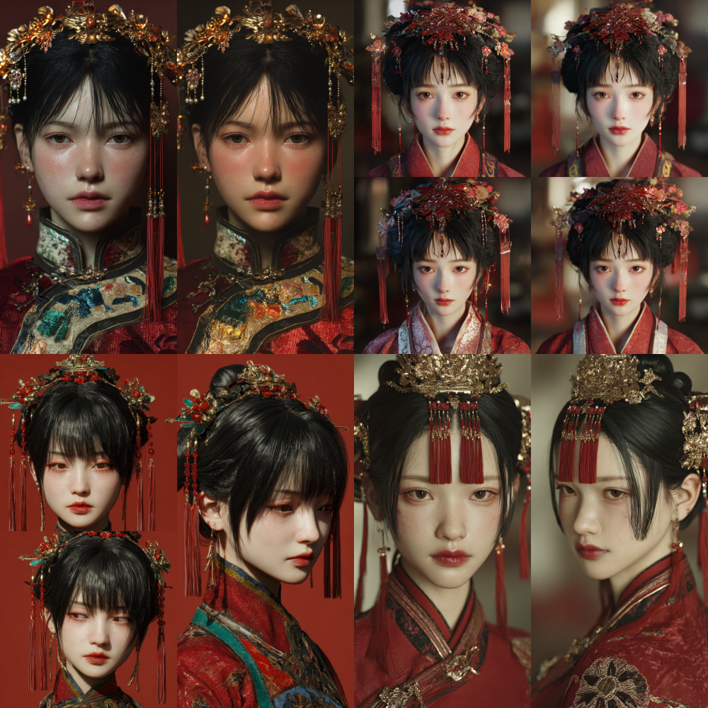 Can you help me generate a set of pictures: a Chinese female model with a realistic look, a dignified smile, a bust, a simple background, warm color tones, and a blurry background? The female model has black hair with three traditional Fujian hairpin headpieces, scattered tassels, and symmetrical beauty. The picture should be high-definition and realistic, with a proportion of. 8K3:4