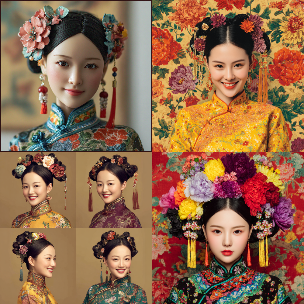 Help me generate a set of pictures: a Chinese female model with a dignified smile, a bust, a warm and traditional background, and black hair decorated with traditional Fujian hairpin flowers. The hairpin flowers are mainly in unsaturated color tones, with large and small flowers interspersed with symmetrical beauty. The hairpin flowers are mainly composed of fresh flowers and tassels, and the picture should be high-definition and realistic, with a proportion of. 4K3:4