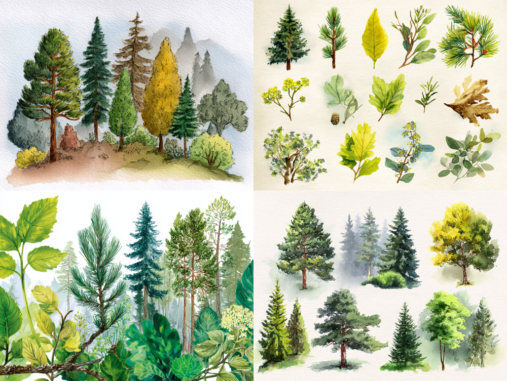 Forests are a collection of various odors, including the scent of damp soil, volatile substances emitted by pine and cypress branches and leaves, aromatic plant odors, and fungal odors. Some odors have a killing effect on bacteria and viruses in the air, which can promote human health. Common aromatic plants in the forest include cypresses (with fragrant leaves), spruce (with pine resin secreted from the trunk), valerian (with a fragrant whole plant), and various rhododendron leaves. Children's picture book style watercolor painting style --ar 4:3