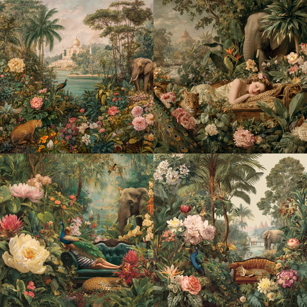 Exquisite and delicate classical oil paintings, a dense forest, depicting the rich variety of plants in the tropical rainforest of Pacific island countries, blooming with exotic flowers and dense vegetation covering the background. The Indian pyramids on the distant sea surface are exposed in the forest, and a woman in a striped swimsuit is sleeping on a genuine leather American sofa, with an Asian elephant behind her. On the left side of the screen, there is an indigenous person playing the piano in front of a palm tree, a peacock with beautiful feathers on the trunk, exquisite details, rich and delicate strokes, and a leopard lying in front of the woman's sofa. The background adopts a retro paper texture, with Giorgione and Botticelli, a classical idealized pastoral scene, and a calm and solemn beauty.