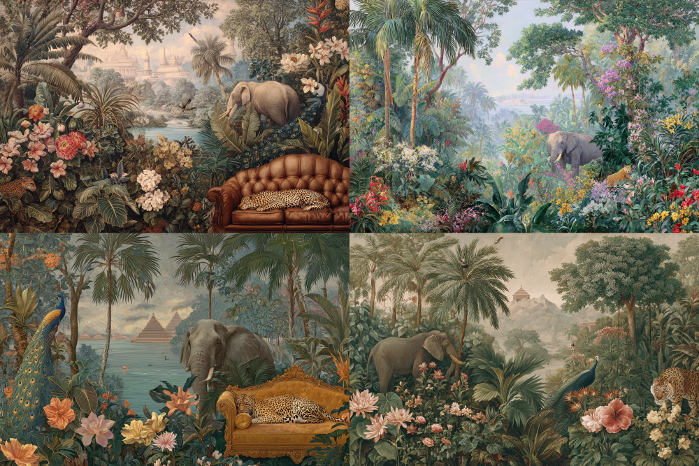 Exquisite and delicate classical oil paintings, a dense forest, depicting the rich variety of plants in the tropical rainforest of Pacific island countries, blooming with exotic flowers and dense vegetation covering the background. The Indian pyramids on the distant sea surface are exposed in the forest, and a woman in a striped swimsuit is sleeping on a genuine leather American sofa, with an Asian elephant behind her. On the left side of the screen, there is an indigenous person playing the piano in front of a palm tree, a peacock with beautiful feathers on the trunk, exquisite details, rich and delicate strokes, and a leopard lying in front of the woman's sofa. The background adopts a retro paper texture, with Giorgione and Botticelli, a classical idealized pastoral scene, and a calm and solemn beauty. --v 7 --ar 3:2
