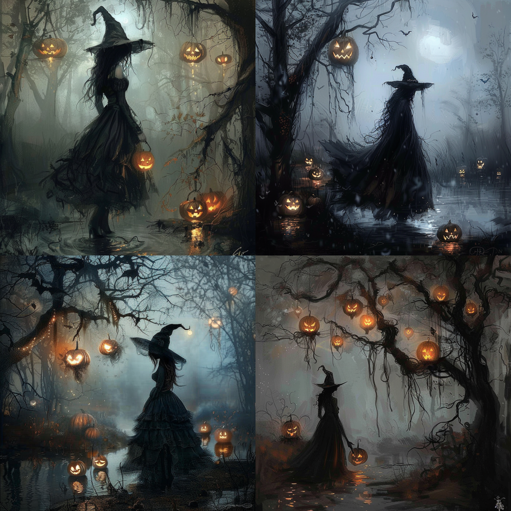 Witch: Dressed in a black flowing long dress (with the skirt swaying lightly with movement), wearing a pointed witch hat, and long hair hanging down; The posture can be designed to look sideways at the pumpkin lantern or stand still by the water, with a cold and mysterious expression, and pale skin like moonlight. Pumpkin lanterns: There are two types of hanging ground mounted lanterns: hanging pumpkin lanterns are wrapped in withered vines, and the internal candlelight emits warm light (with mottled spots); The pumpkin lanterns on the ground are arranged in small teams, and the candlelight illuminates the mist on the water surface, with their contours faintly visible in the dark night. Background environment: withered trees: twisted branches like ghost hands, wrapped in withered vine cobwebs, rough bark, and intertwined branches; Mist: It permeates the water surface, trees, and behind witches, revealing dim light in a hazy manner; Water surface: Reflecting the warm light of pumpkin lanterns and the silhouette of witches, with slight ripples (increasing atmosphere). < https://oc.superx.chat/img/1754323825322.jpg > 「」「」/「」「」// --v 6
