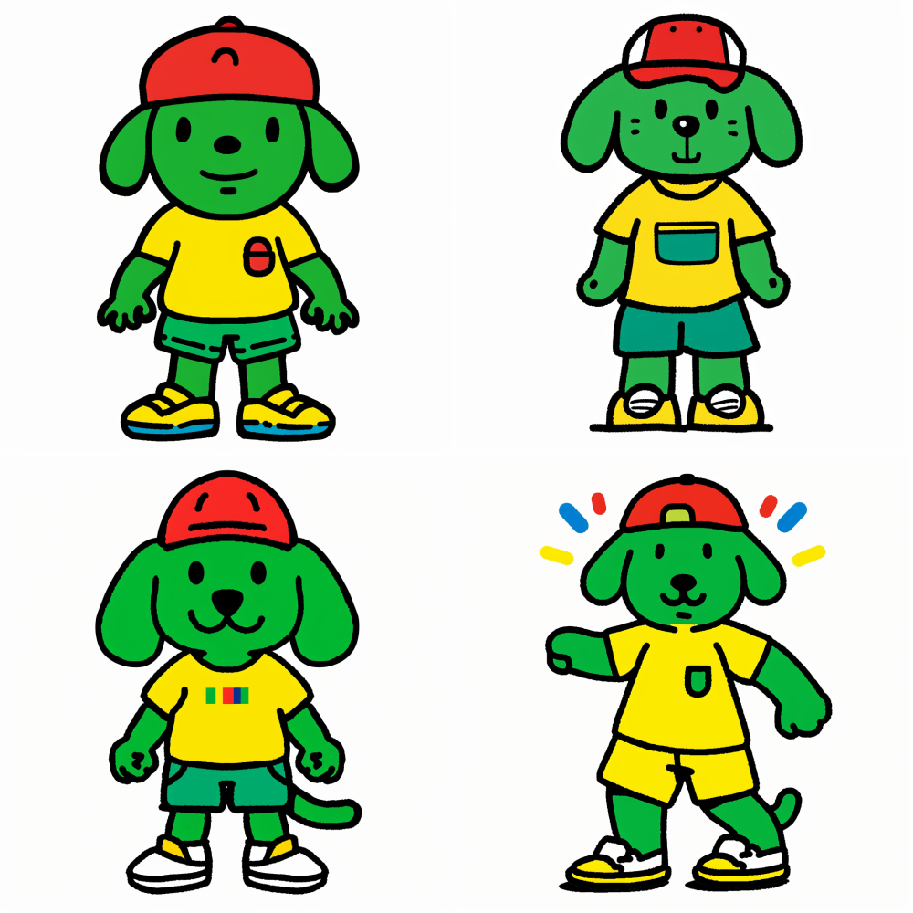 Personified green dog, retaining a black round eyed smiling expression and a black small nose, with a bright green skin tone. Clothing: A bright red baseball cap (with a left sloping brim), a bright yellow short sleeved shirt, and shorts of the same color (with slightly tapered hems). Wear black and white sports shoes on the feet. Front view: Holding a graffiti spray paint can with both hands (the can is silver with colorful splash paint details), bending the elbow with the left arm to spray, pulling the right arm back for assistance, and leaning slightly forward to present a focused posture. The trajectory of the sprayed pigment is an abstract blue line of fluorescent powder, enhancing its dynamic effect. Side view: Squatting on one knee, supporting the ground with one hand (white glove details can be added to the palm), holding a paint brush with the other hand (dipping the brush head in bright paint), turning the head to look out of the picture, expressing a sense of interaction. Back view: Standing posture, left hand on hips, right hand holding up a marker pen (with paint dripping effect on the tip), tail raised above shorts, colored paint puddle projection added under feet. Graffiti elements: Based on the white background, splattered paint spots or semi transparent color blocks can be added as decorations in the three views, echoing the theme without excessively disturbing the subject. Lines and Colors: Maintain thick black contour lines with high saturation solid color filling, elongate limbs to enhance playfulness, and outline details such as shoelaces and brim with simple pen lines. Application scenarios: Suitable for trendy games, art education brand endorsements, and other scenarios, highlighting creative vitality traits. < https://oc.superx.chat/img/1754907008599.png > + + + /+/IP --sref https://oc.superx.chat/img/1754907008599.png --v 6