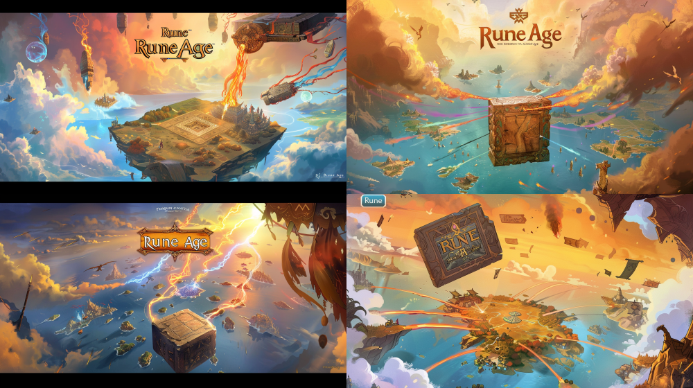 The main menu background of "Rune Age" features an epic hand drawn cartoon style, overlooking the panoramic view of the Rune Continent. Eight elemental streams (fiery red, water blue, wind blue, ground brown, dark yellow, light gold, thunder purple, grass green) shoot from a giant floating rune stone towards the central ancient portal. Floating island chains and relics are scattered in the sky, warm orange glow and soft blue clouds interweave. In the close-up, the portal square is empty, with reserved button space. The picture is warm, without text or interface elements, and the texture is good,  UI  invitingHearthstone 16:9   --ar 16:9   --v 6   --no text, ui, logo, button