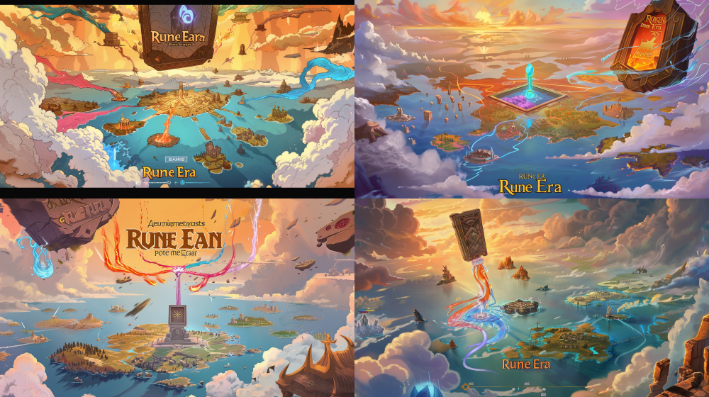 The main menu background of "Rune Era" features an epic hand drawn cartoon style, overlooking the panoramic view of the Rune Continent. Eight elemental streams (fiery red, water blue, wind blue, ground brown, dark yellow, light gold, thunder purple, grass green) shoot from a giant floating rune stone towards the central ancient portal. Floating island chains and relics are scattered in the sky, warm orange glow and soft blue clouds interweave. In the close-up, the portal square is empty, with reserved button space. The picture is warm, without text or interface elements, and the texture is good, UI invitingHearthstone 16:9 --ar 16:9 --v 6 --no text, ui, logo, button