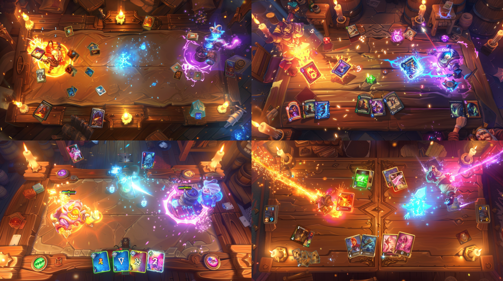 Hearthstone-style card battle scene, 45° top-down view, split battlefield: left Hero (Fire Mage) right Hero (Water Shaman), both in idle animation, floating holographic minions on board, cards hovering above hand zones with soft glow, bright slash-trail attack arrow mid-air, explosive damage number particles, warm tavern candlelight, wooden UI frames empty for buttons, hand-painted cartoon texture, vibrant colors, magical sparkles, no text, no real UI, 16:9 --ar 16:9 --v 6 --no text, logo, button, username