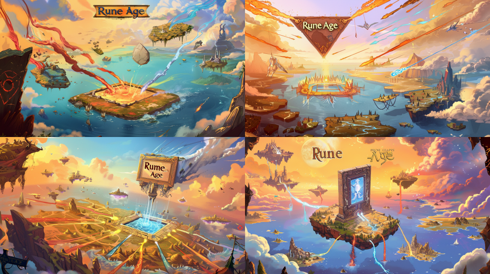 The main menu background of "Rune Age" features an epic hand drawn cartoon style, overlooking the panoramic view of the Rune Continent. Eight elemental streams (fiery red, water blue, wind blue, ground brown, dark yellow, light gold, thunder purple, grass green) shoot from a giant floating rune stone towards the central ancient portal. Floating island chains and relics are scattered in the sky, warm orange glow and soft blue clouds interweave. In the close-up, the portal square is empty, with reserved button space. The picture is warm, without text or interface elements, and the texture is good,  UI  invitingHearthstone 16:9  --ar 16:9  --v 6  --no text, ui, logo, button