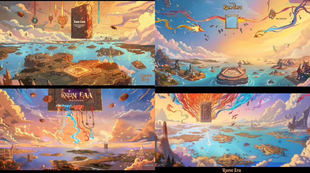The main menu background of "rune Era" features an epic hand drawn cartoon style, overlooking the panoramic view of the Rune Continent. Eight elemental streams (fiery red, water blue, wind blue, ground brown, dark yellow, light gold, thunder purple, grass green) shoot from a giant floating rune stone towards the central ancient portal. Floating island chains and relics are scattered in the sky, warm orange glow and soft blue clouds interweave. In the close-up, the portal square is empty, with reserved button space. The picture is warm, without text or interface elements, and the texture is good, UI invitingHearthstone 16:9 --ar 16:9 --v 6 --no text, ui, logo, button