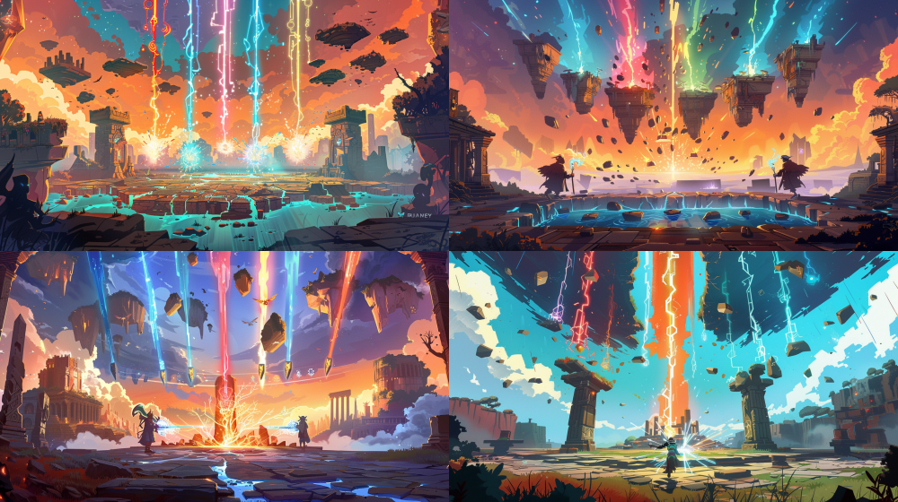 Rune Era main menu, epic hand-painted cartoon, sweeping view of rune continent, 8 elemental beams (fire red, water blue, wind teal, earth brown, dark yellow, light gold, thunder purple, grass green) erupt from floating monoliths into cracked ancient portal, floating islands and ruins above, warm orange-blue glow, low-angle shot:  two silhouetted rune mages in foreground channeling spells, sparks-ice-lightning particles flying, ground stones levitating, sense of imminent battle, empty UI-safe central area, no text/interface, inviting yet tense Hearthstone vibe  --ar 16:9  --v 6  --no text, ui, logo, button, title