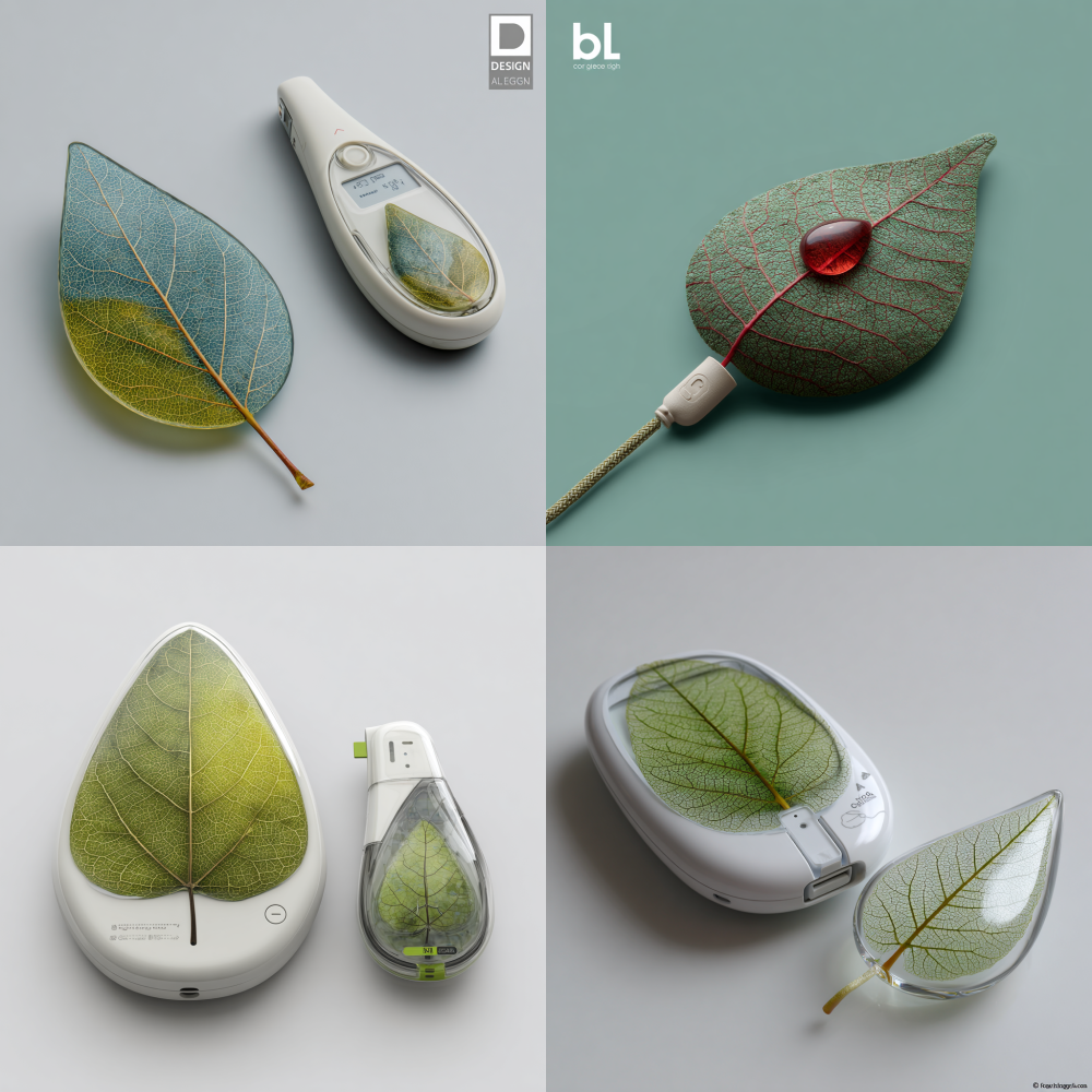 Generate a close fitting blood glucose meter with a leaf vein shaped sensing patch and a dewdrop shaped insight base for data reading and interaction. “”“”