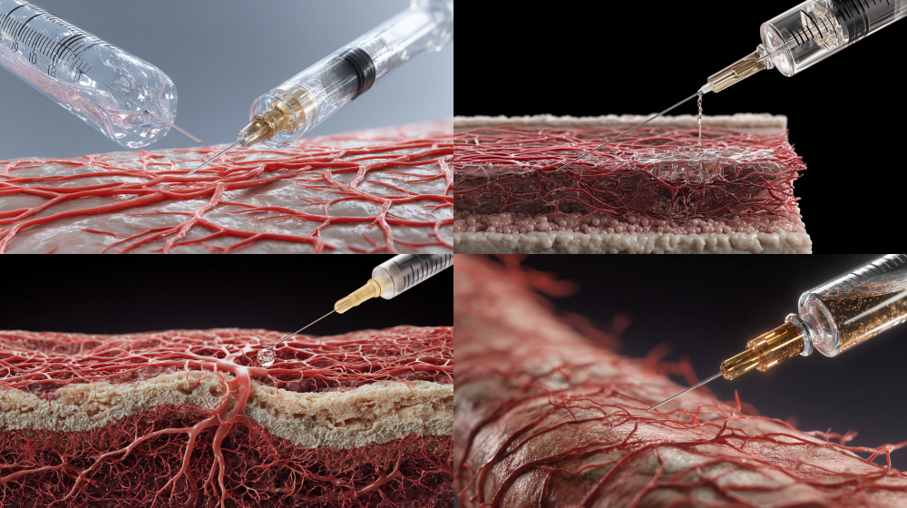 A scientific anatomical illustration, photorealistic style: Cross-section of skin tissue showing a syringe depositing biocompatible hydrogel into a defined area. The underlying dermis displays a proliferating network of fine red blood vessels. Educational model, clean background, ultra-detailed, 4k --ar 16:9