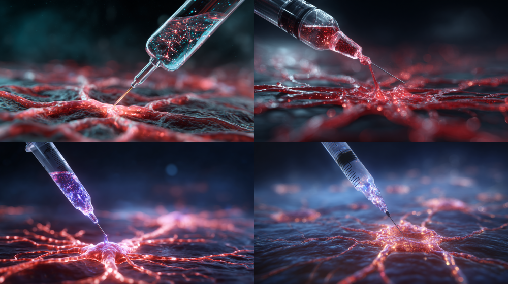 dynamic shot, a droplet of glowing hydrogel is being released from a syringe needle onto a damaged tissue surface, beneath the surface a vibrant network of new blood vessels is visible, biomechanical art, biomedical illustration, high resolution, 4k --ar 16:9
