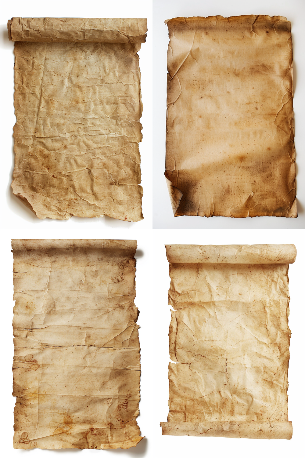 A single piece of ancient, weathered parchment or vellum, occupying the entire A4 composition against a plain white background. The parchment is covered with subtle stains, faint texture, and slight discoloration. The bottom left corner is curled inwards, revealing the edge. Style of antique manuscript paper, old paper texture, high detail, studio shot.  --ar 2:3  --v 6.0