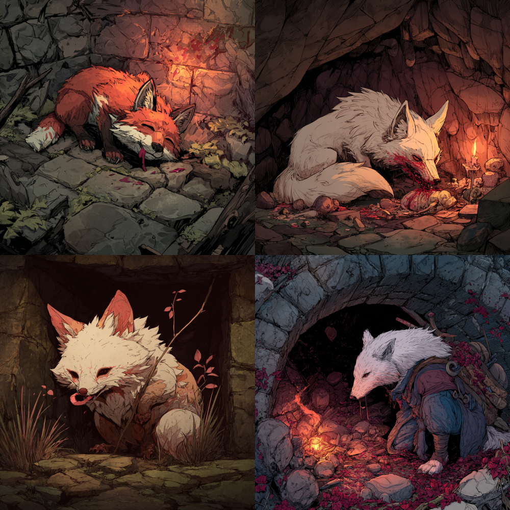 The fox demon with a game style art is licking its wounds in the cave.