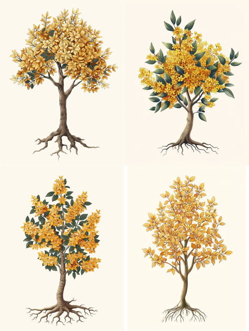 < https://oc.superx.chat/img/1770741072213.png > Illustration style tattoo design of a single, straight and tall Osmanthus fragrans tree. The overall composition is narrow and elongated. The trunk is very thick and robust. At the midsection of the tree, the trunk twists and wraps prominently to form a clear, abstract number 4, where the width of the number 4 is one and a half times the thickness of the trunk. The tree crown starts from the top quarter, forming a single, oversized, lush, and dense fan-shaped canopy over 180 degrees, filled with clusters of small star-shaped golden yellow flowers. The exposed roots spread out in a circular shape at the base. Flat design, isolated on pure white background. Color palette: brown trunk, green leaves, golden yellow flowers. --no curved trunk, low branches, multiple crowns, rocks, water, background details --style raw --stylize 100 --ar 3:4 < https://oc.superx.chat/img/1770741072213.png > Illustration style tattoo design of a single, straight and tall Osmanthus fragrans tree. The overall composition is narrow and elongated. The trunk is very thick and robust. At the midsection of the tree, the trunk twists and wraps prominently to form a clear, abstract number 4, where the width of the number 4 is one and a half times the thickness of the trunk. The tree crown starts from the top quarter, forming a single, oversized, lush, and dense fan-shaped canopy over 180 degrees, filled with clusters of small star-shaped golden yellow flowers. The exposed roots spread out in a circular shape at the base. Flat design, isolated on pure white background. Color palette: brown trunk, green leaves, golden yellow flowers. --no curved trunk, low branches, multiple crowns, rocks, water, background details --style raw --stylize 100 --ar 3:4