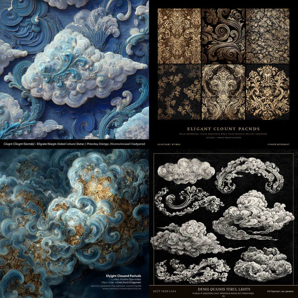"elegant cloud patterns, intricate designs, ethereal beauty, harmonious swirls, delicate motifs"