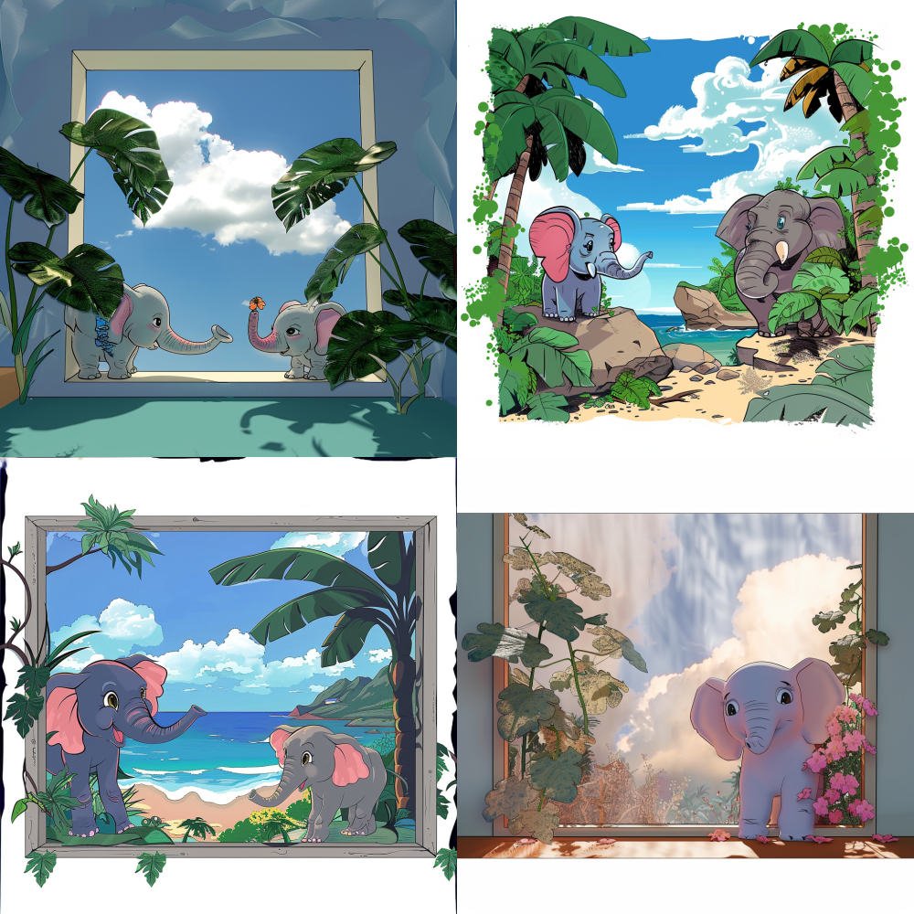 Can you help me generate a naked eye hand drawn image based on the content of my picture? The layout inside the image needs to be preserved, with the blue sky and white clouds inside the window turning into a forest and banana trees < https://oc.superx.chat/img/1757686202031.jpeg > 3d --v 6
