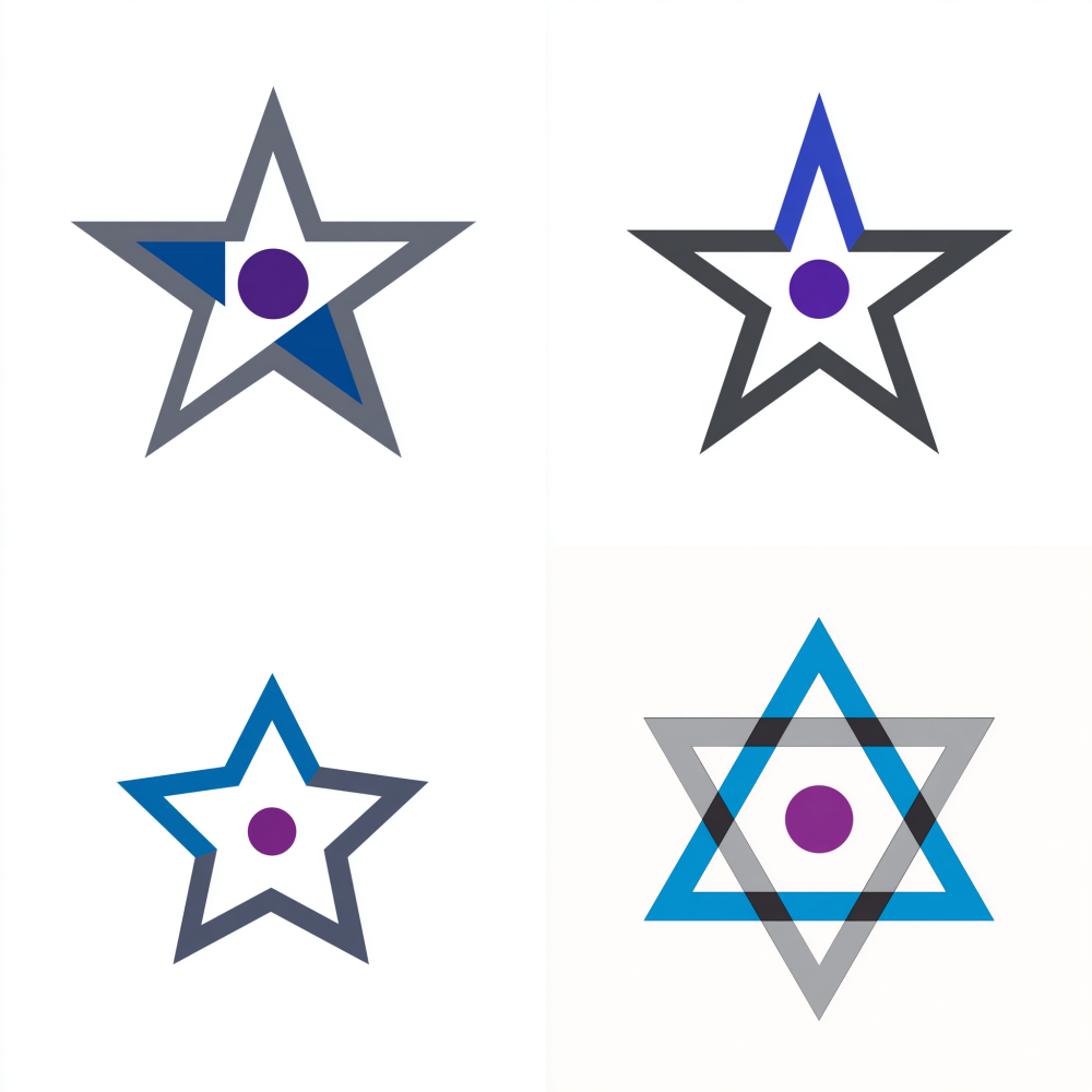 Geometric minimalist pentagram logo, bold straight lines forming a star, the five inner corners are filled with solid blue (#2A4B9C), the central point is a solid purple circle (#8A2BE2), the outline is dark grey, on a pure white background, sharp corners, vector style, architectural --style raw --ar 1:1 --no curved, soft, round, mystical, shadow, 3d