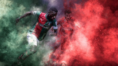 A captivating promotional poster for the Serie A match between Cremonese and Bologna, featuring dynamic action and vibrant colors, evoking the passion of Italian football. --ar 16:9 --style raw
