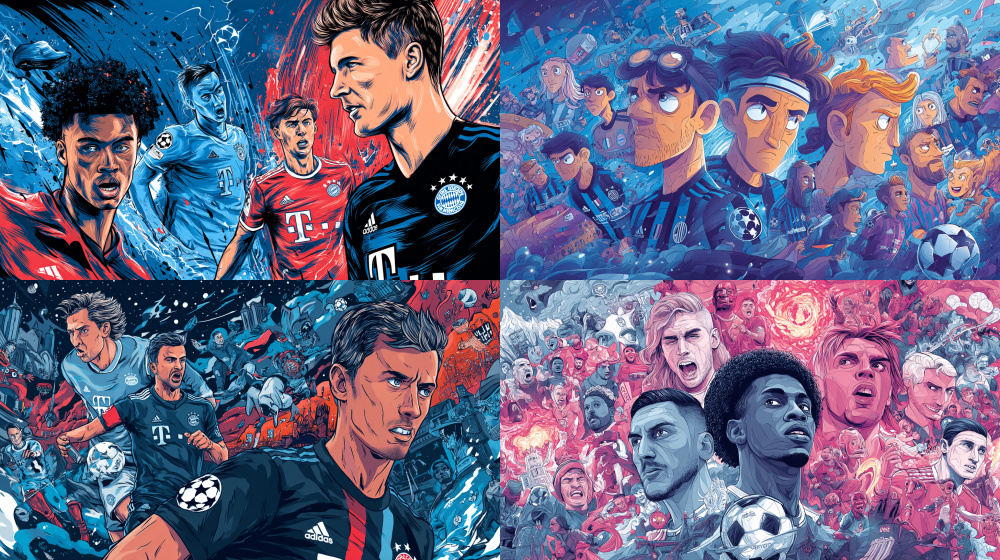 Create a vibrant and whimsical cartoon-style poster celebrating the UEFA Champions League match between Atalanta and Bayern Munich. The design should beautifully capture the essence and character of both teams, featuring dynamic player illustrations and an engaging atmosphere that reflects the excitement of the game. --ar 16:9 --style raw --style cute