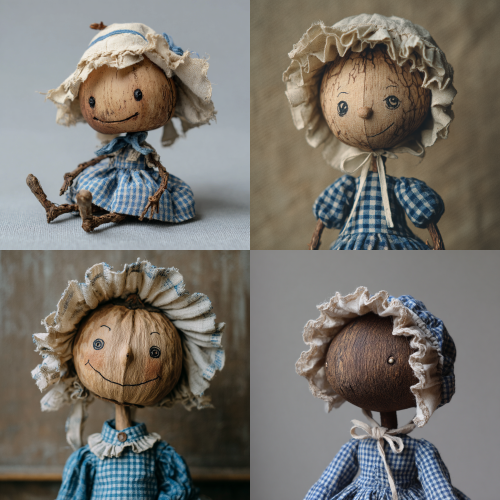 胡桃木小姐的脑袋是一颗山胡桃坚果；有着天然凸起形成尖尖的小鼻子，眼睛和小嘴是用墨水画的黑色小圈/线条，脑袋用胶水粘在身体上，不能灵活转头；眼神机灵有神。身体是一小截嫩苹果树枝，天然弯出双臂双腿的形状，细枝末梢就是她的小手小脚，质地是木质的、带着嫩枝的纹理。日常穿蓝白格子棉布连衣裙，头戴带荷叶边的白色软帽，帽绳在下巴系一个小巧的蝴蝶结。典型的乡村手工小布偶，身形纤细，模样算不上精致华丽，但透着一股干练又倔强的劲儿。用手绘水彩风格绘制，背景采用纯白色